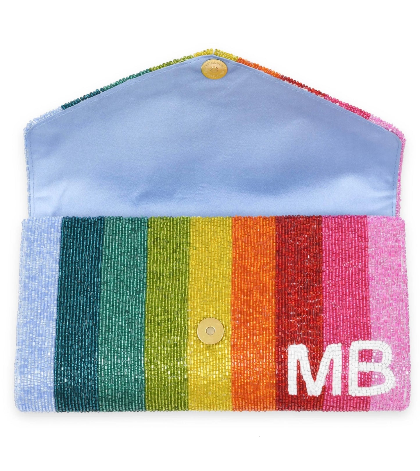 Envelope Beaded Monogram Metallic Rainbow Clutch