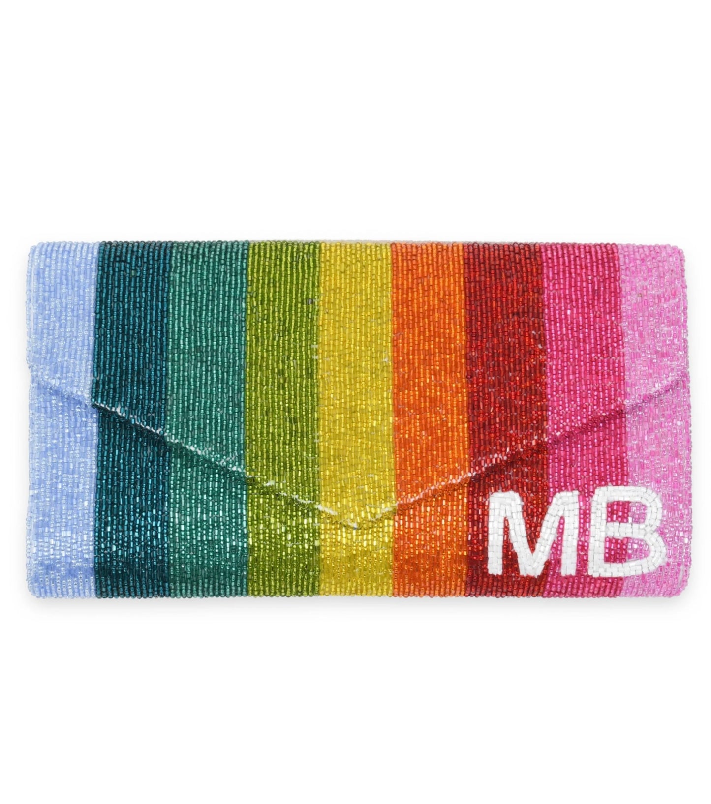 Envelope Beaded Monogram Metallic Rainbow Clutch