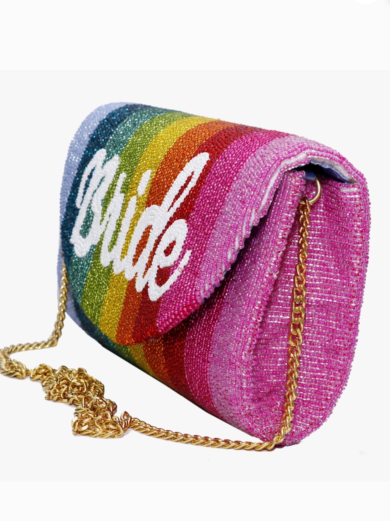 Envelope Beaded Monogram Metallic Rainbow Clutch