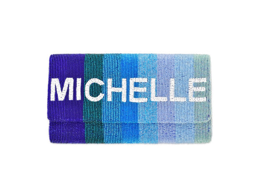 Personalized Name Blue Ombre Stripe Clutch